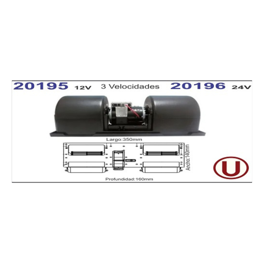 MOTOR SOPLADOR COMPLETO 24V UNIVERSAL CON CARCAZA 351X167X139 3 VELOCIDADES